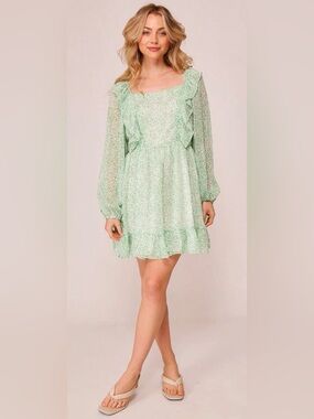 Lumiere Mint Floral Ruffle Square-Neck Mini Dress